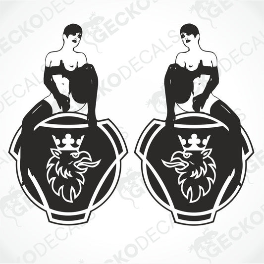 A pair of black and white die cut stickers depicting a stylized female figure sitting atop a vehicle wheel with a crown design.