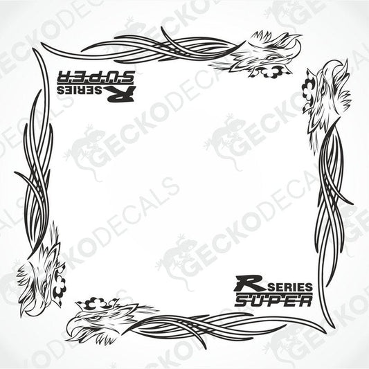 A set of two black and white tribal side window decals for a Scania Griffin Super R Series truck.