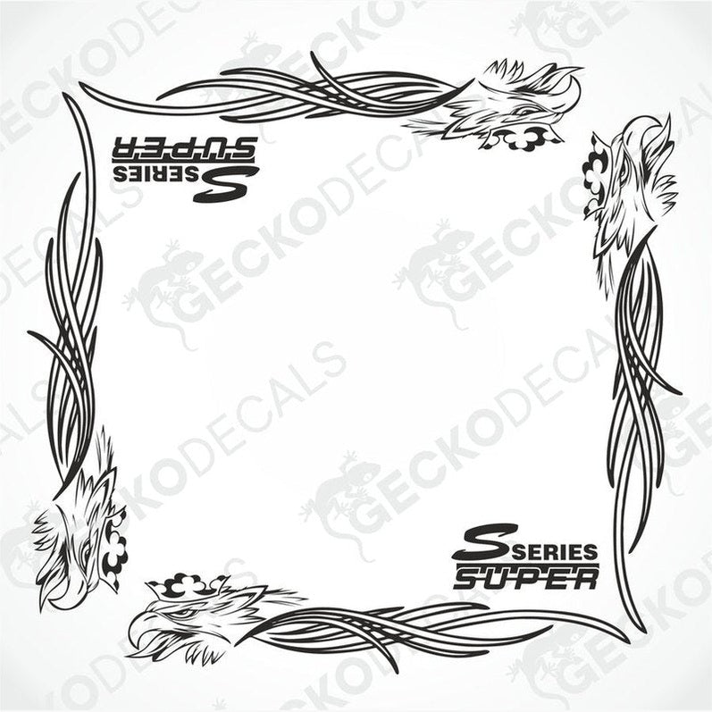 A set of two black and white tribal side window decals for a Scania Griffin Super S Series truck.