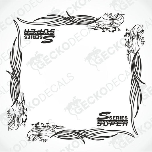 A set of two black and white tribal side window decals for a Scania Griffin Super S Series truck.