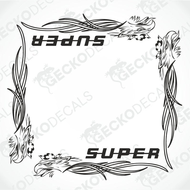 A black and white image of a die cut decal for a Scania Griffin truck, featuring the words 'SUPER' and 'TRIBAL' with decorative elements around them.