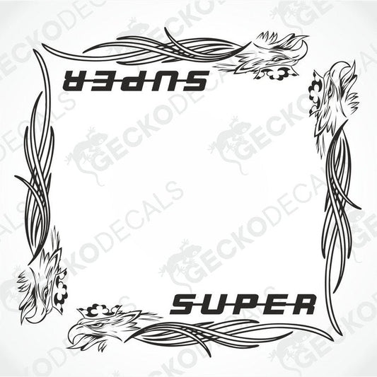 A black and white image of a die cut decal for a Scania Griffin truck, featuring the words 'SUPER' and 'TRIBAL' with decorative elements around them.