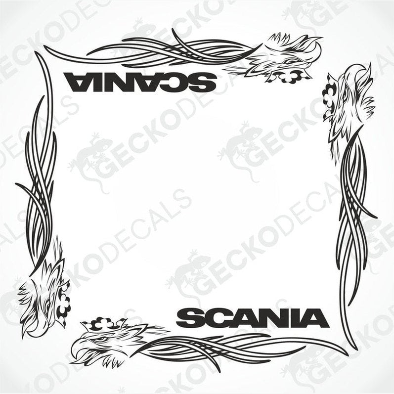 A set of two black and white tribal side window decals for a Scania vehicle, designed for both interior and exterior use.
