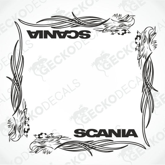 A set of two black and white tribal side window decals for a Scania vehicle, designed for both interior and exterior use.