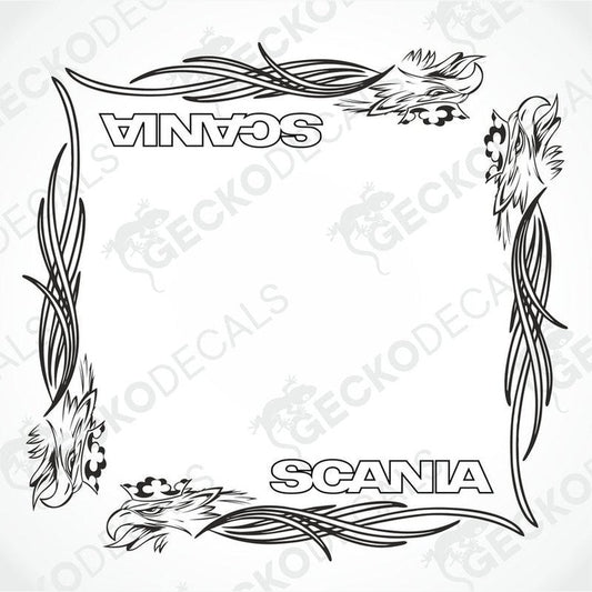 A pair of black and white tribal side window decals for a Scania vehicle, designed for use on the exterior of the vehicle.