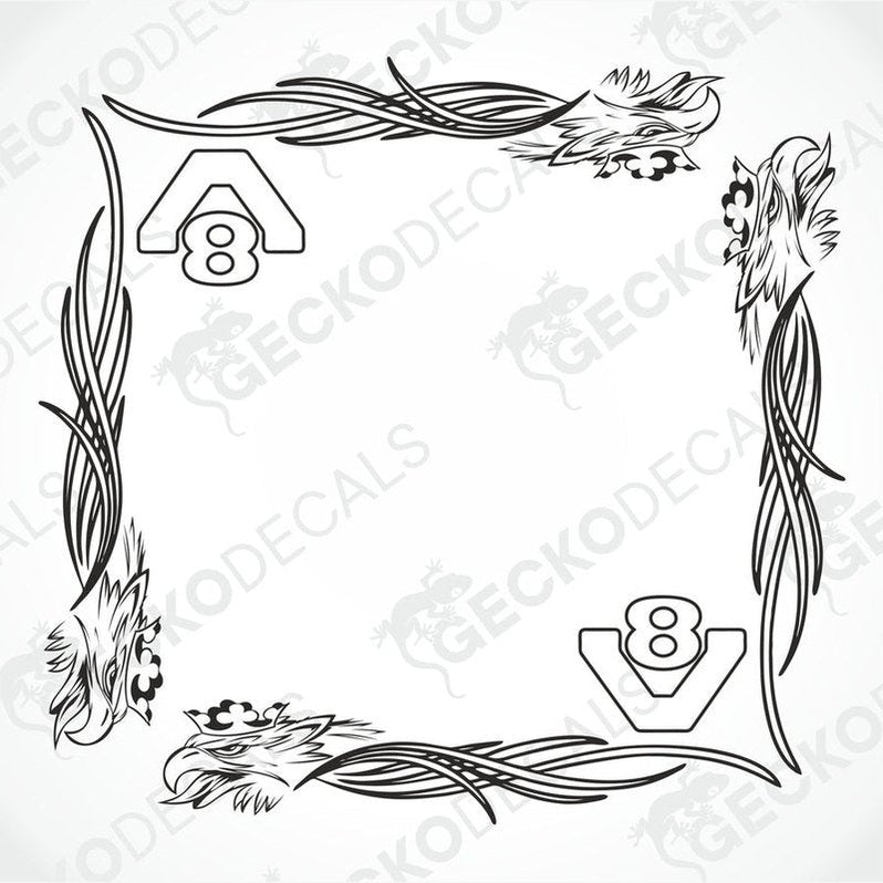A pair of black and white side window decals for a Scania Griffin V8 truck, featuring tribal-style intricate designs.