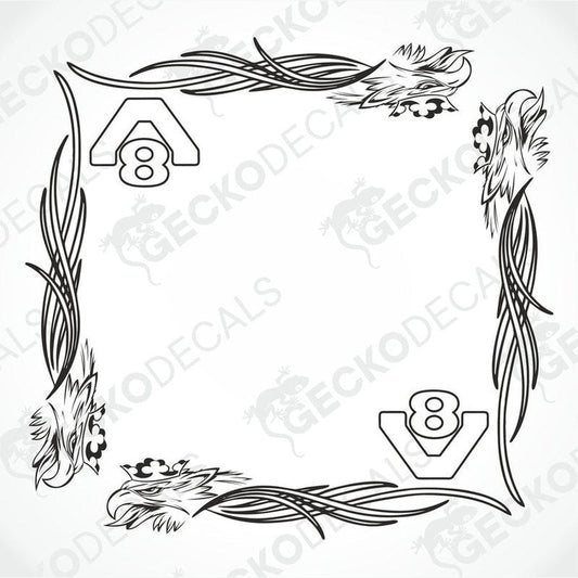 A pair of black and white side window decals for a Scania Griffin V8 truck, featuring tribal-style intricate designs.