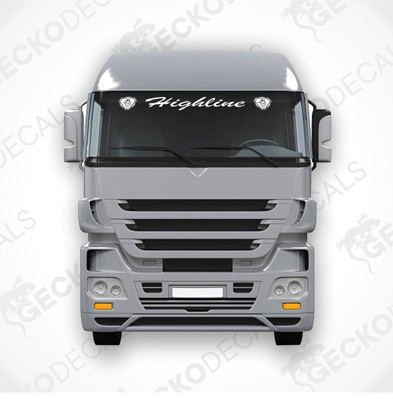 A front view of a gray SCANIA HIGHLINE truck with a die cut decal on the windscreen reading 'Highline'.
