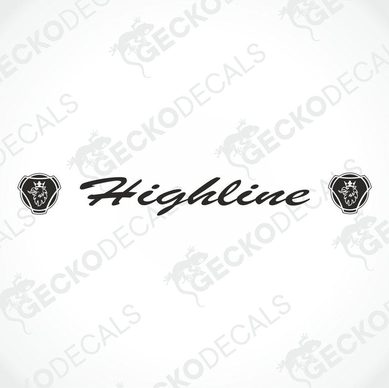 A front view of a gray SCANIA HIGHLINE truck with a die cut decal on the windscreen reading 'Highline'.