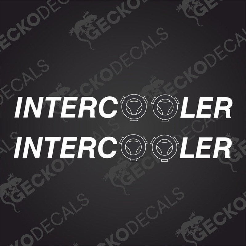 Two white decals with the word 'INTERCOOLER' and the SCANIA truck logo printed on them, designed for use on vehicles.