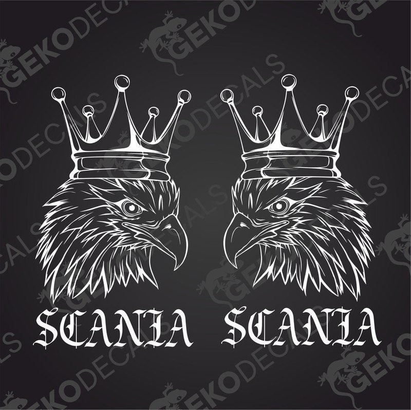 Two white stickers with the image of an eagle's head wearing a crown, and the word 'SCANIA' written below each.