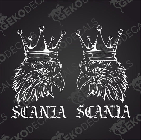 Two white stickers with the image of an eagle's head wearing a crown, and the word 'SCANIA' written below each.