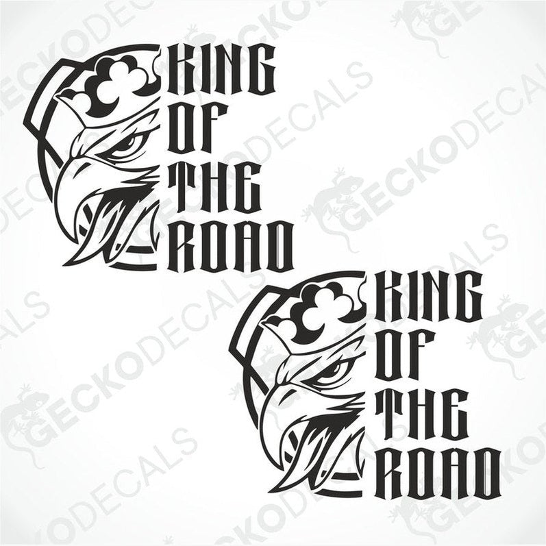 Two black and white die cut stickers with the text 'KING OF THE ROAD' and a graphic of a scania truck face.