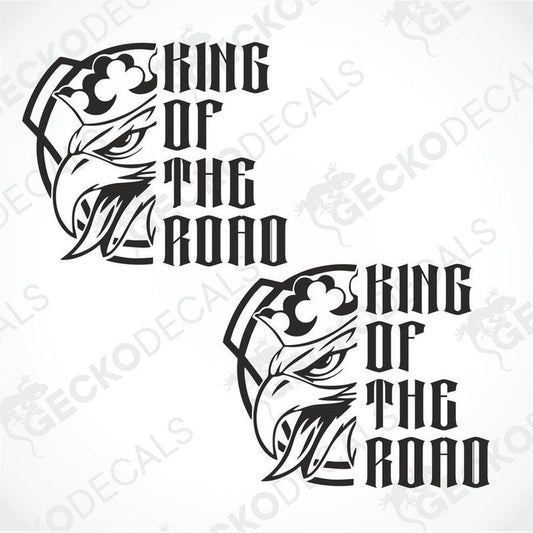 Two black and white die cut stickers with the text 'KING OF THE ROAD' and a graphic of a scania truck face.