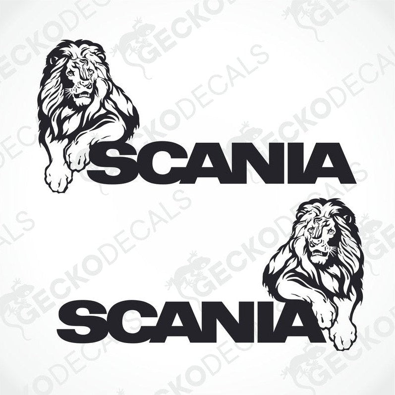 Two black decals of a lion's head with the word 'SCANIA' written above it.