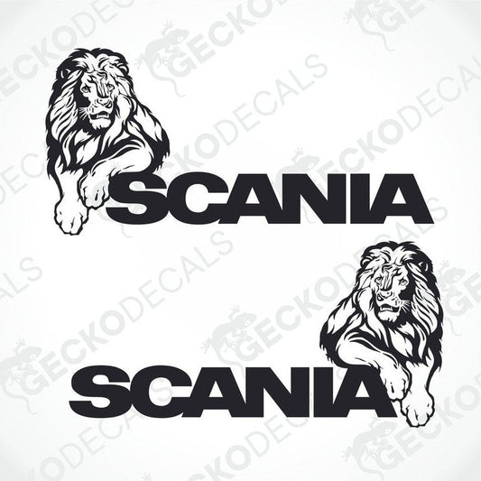 Two black decals of a lion's head with the word 'SCANIA' written above it.