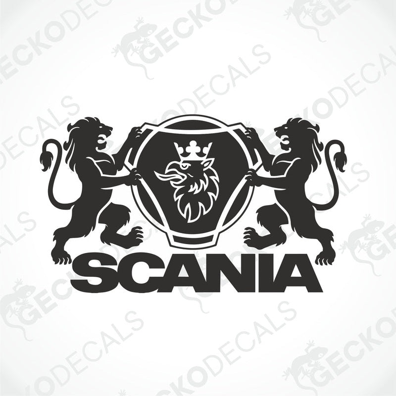 A black decal featuring two stylized lions around the Scania brand logo.