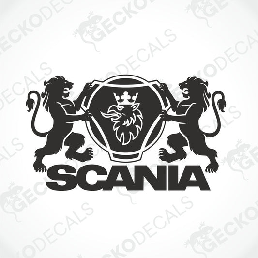A black decal featuring two stylized lions around the Scania brand logo.