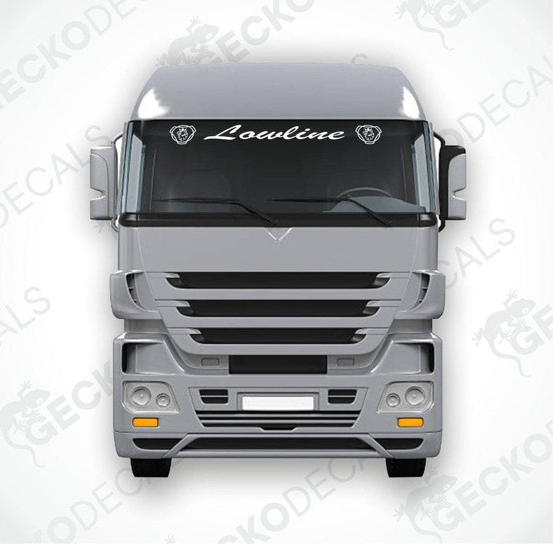 A front view of a Scania lowline truck with a die-cut decal on the windscreen.