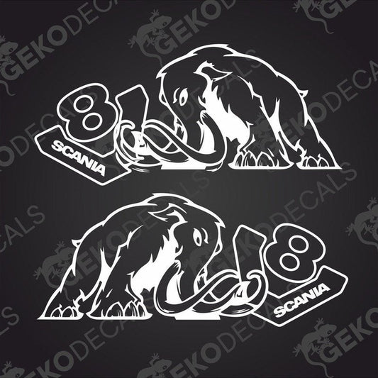 A set of two white vehicle decals featuring a mammoth with the Scania V8 logo.