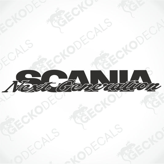 A decal with the text 'SCANIA Next Generation' on a white background, typically used for truck branding.
