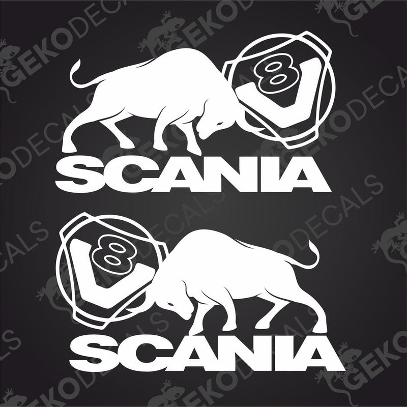 Two white stickers with a bull design and the brand name 'SCANIA' on them, displayed on a transparent background.
