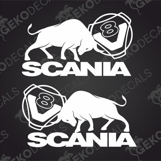 Two white stickers with a bull design and the brand name 'SCANIA' on them, displayed on a transparent background.