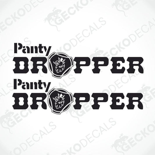 A set of two black and white die cut stickers with the text 'Panty Dropper' and a crown illustration, intended for use on trucks.