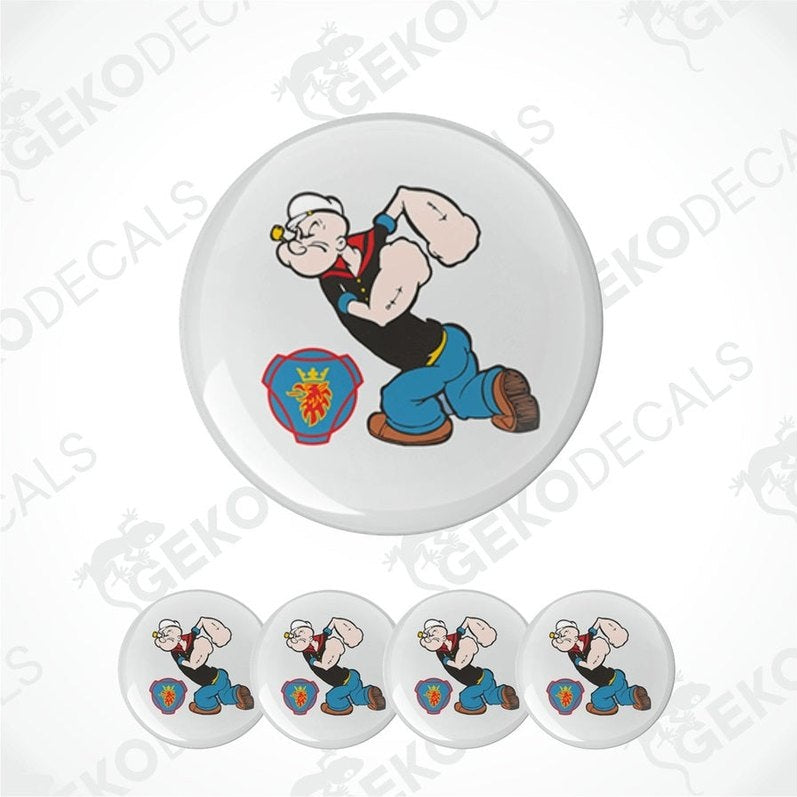 A set of four round vinyl stickers featuring a cartoon character, with a polyurethane coating visible.