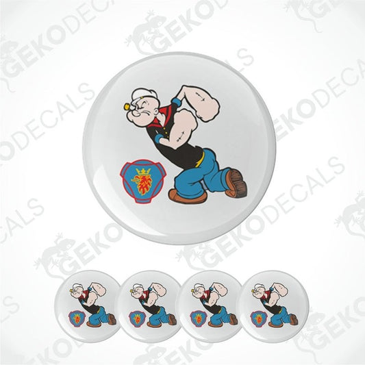 A set of four round vinyl stickers featuring a cartoon character, with a polyurethane coating visible.