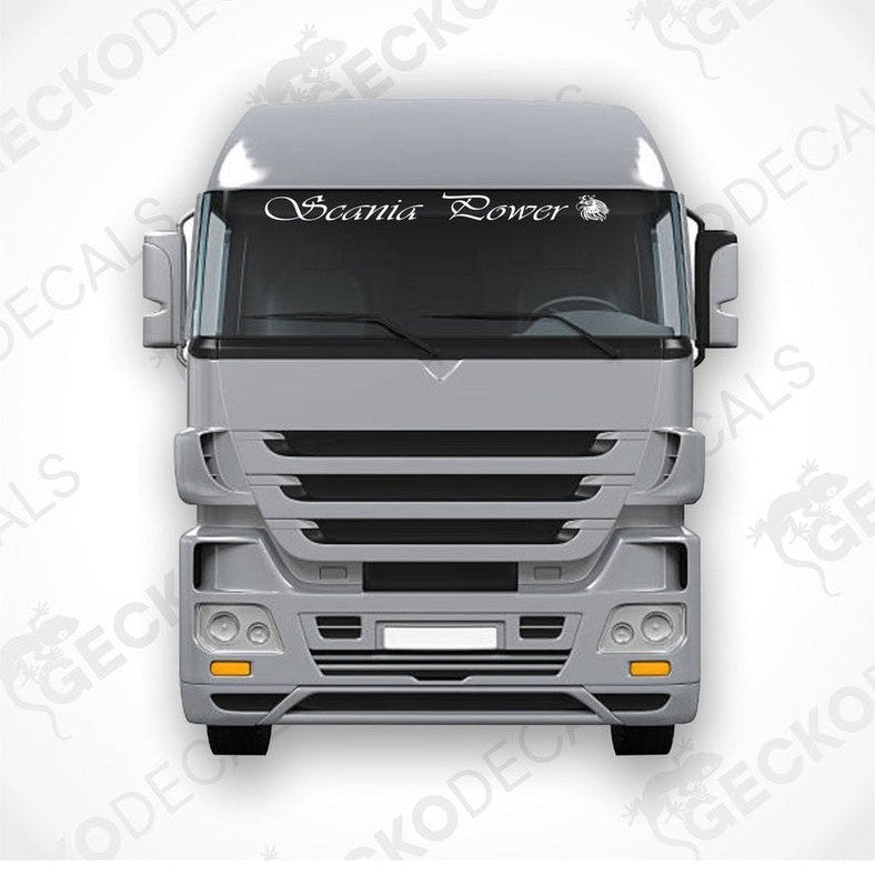 A front view of a gray Scania truck with a die cut decal on the windscreen reading 'Scania Power'.