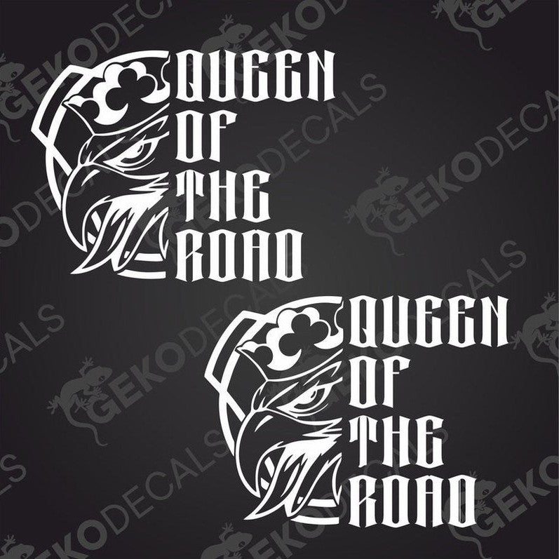 Two black and white stickers with the text 'QUEEN OF THE ROAD' and a graphic design resembling a bird of prey.