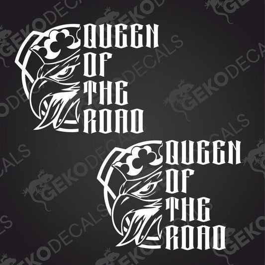 Two black and white stickers with the text 'QUEEN OF THE ROAD' and a graphic design resembling a bird of prey.