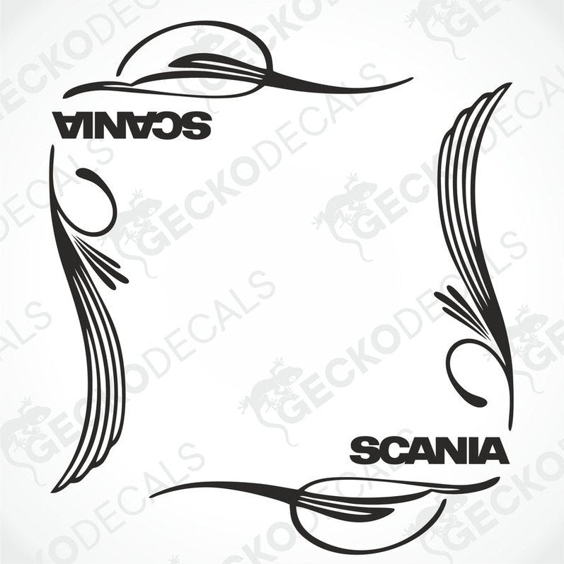 A pair of black Scania side window decals with decorative elements and text, designed for use on vehicles.