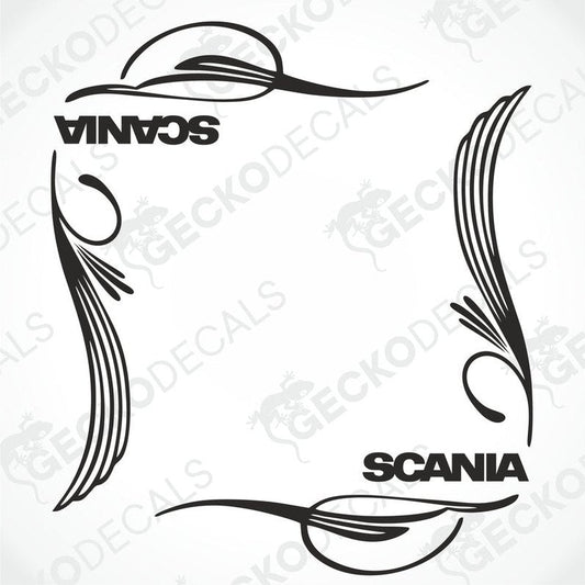 A pair of black Scania side window decals with decorative elements and text, designed for use on vehicles.