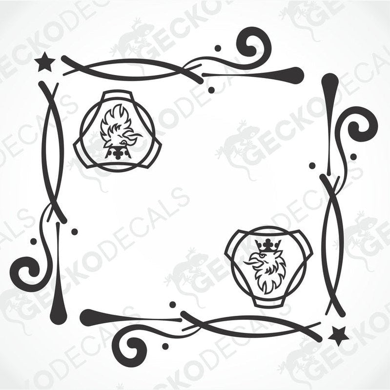 A set of two black and white decals with decorative elements, one with a crown and the other with a floral design, both with 'SCANIA' text.