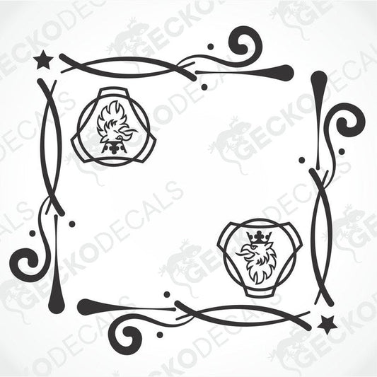 A set of two black and white decals with decorative elements, one with a crown and the other with a floral design, both with 'SCANIA' text.