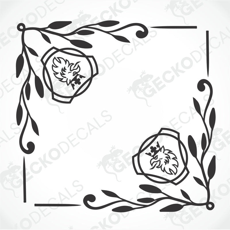A set of two black decals featuring a stylized bird (griffin) and decorative leafy patterns, intended for use on vehicle side windows.