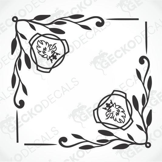 A set of two black decals featuring a stylized bird (griffin) and decorative leafy patterns, intended for use on vehicle side windows.