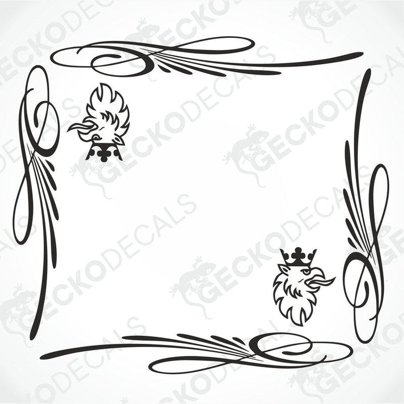 A set of two black and white die cut decals for a Scania side window, featuring decorative elements and the brand's griffin logo.
