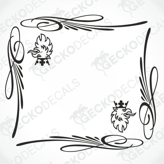 A set of two black and white die cut decals for a Scania side window, featuring decorative elements and the brand's griffin logo.