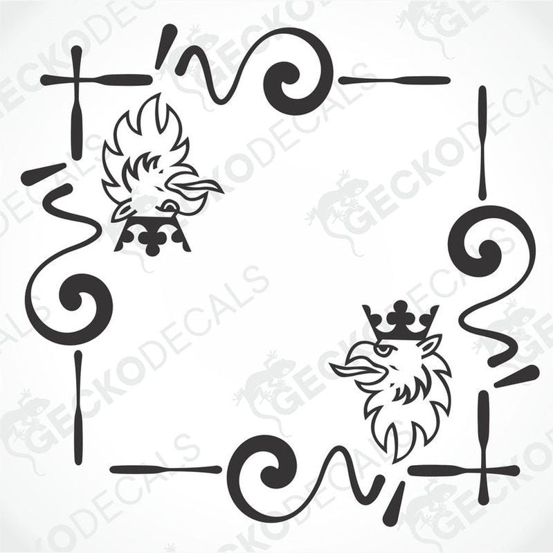 A set of two black vehicle decals featuring a stylized animal head design.