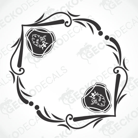 A set of two black decals with a circular and floral design, featuring a griffin motif, intended for use on side windows of trucks.