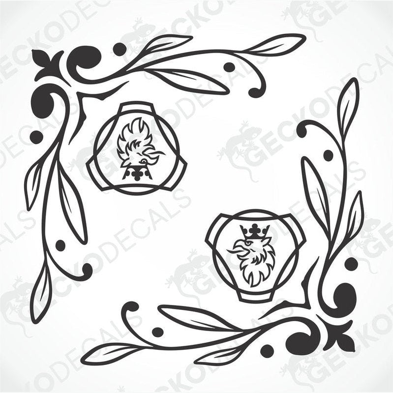 A set of two black decals featuring a stylized bird (griffin) and decorative leafy patterns, intended for use on vehicle side windows.
