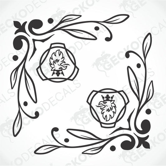 A set of two black decals featuring a stylized bird (griffin) and decorative leafy patterns, intended for use on vehicle side windows.