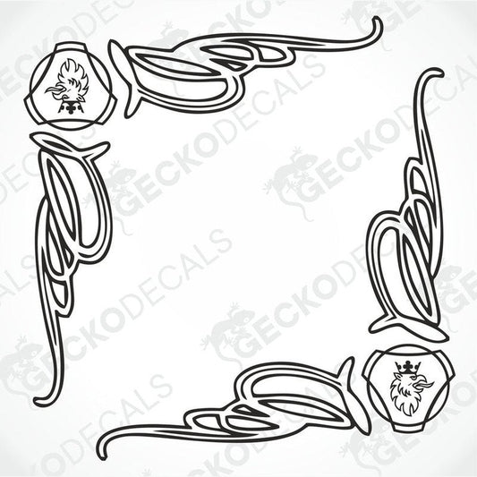 A set of two black and white side window decals for a Scania truck, featuring intricate line art designs with the Scania Griffin logo.