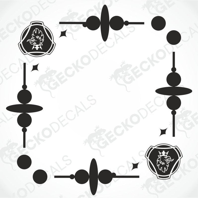 A set of die cut decals for Scania side window decoration, featuring geometric shapes and the brand's logo.