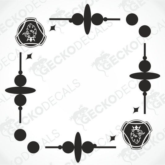 A set of die cut decals for Scania side window decoration, featuring geometric shapes and the brand's logo.