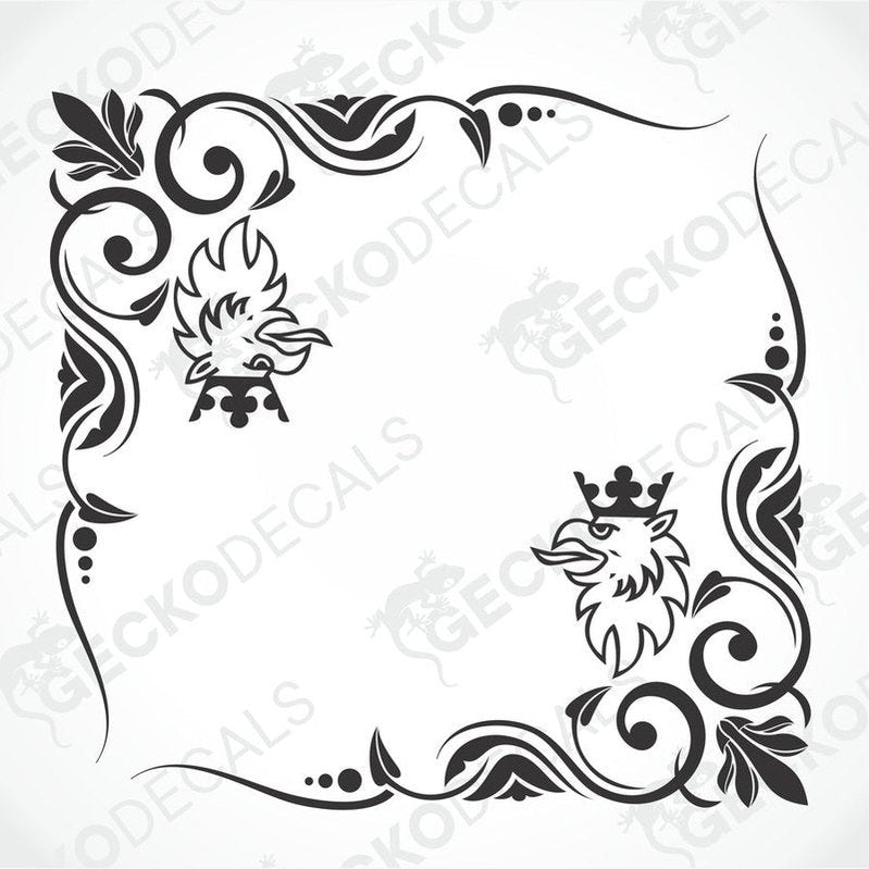 A black and white image of a die cut decal with a floral pattern and a griffin design, intended for use as a side window decal for a truck.