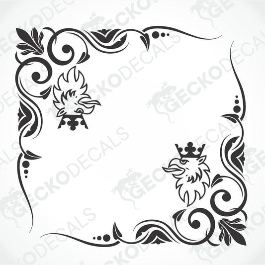 A black and white image of a die cut decal with a floral pattern and a griffin design, intended for use as a side window decal for a truck.